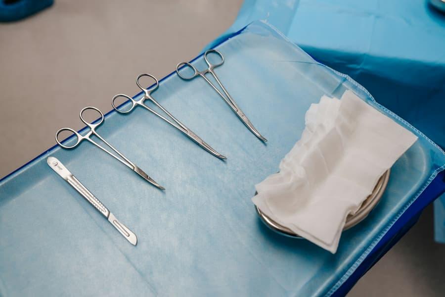 Tray of surgical instruments prepared for a procedure